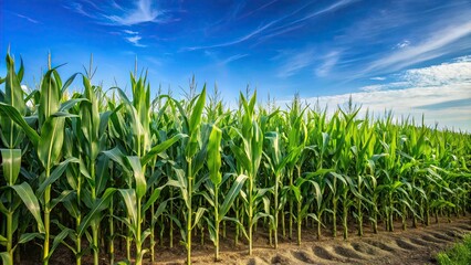 Obraz premium A beautiful corn field with rows of tall green stalks under a clear blue sky, Corn, maize, field, agriculture, countryside, farm