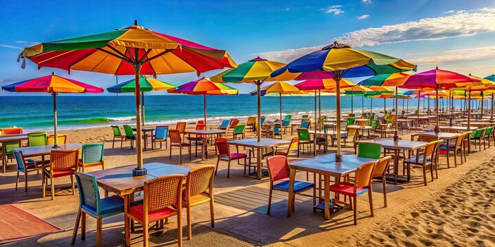 Beach tavernes in Playa de Tavernes de la Valldigna with colorful umbrellas and tables