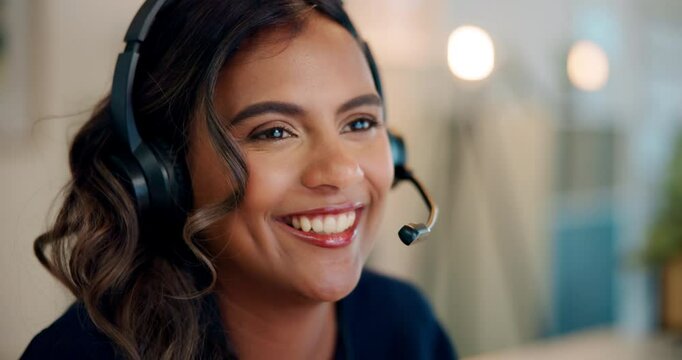 Call center, communication and woman agent in office for inbound crm, sales and telemarketing. Customer support, headset and female advisor with multilingual technical service for client translation.