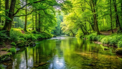 Obraz premium A peaceful brook flowing through a lush forest with vibrant greenery along its banks, brook, forest, greenery, nature