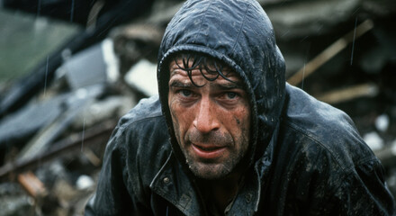 Obraz premium Resilient man in rain-soaked jacket amidst ruins facing adversity