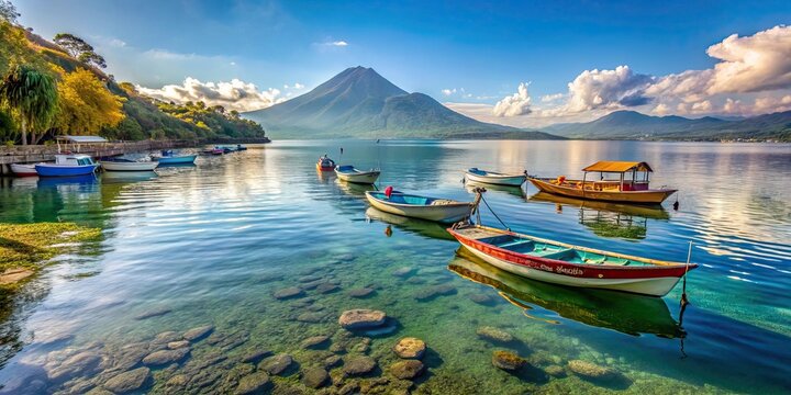 Beautiful view of Lake Atitlan in Guatemala with colorful boats floating on the crystal clear water