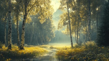 Obraz premium Serene forest landscape with sunlight filtering through trees.