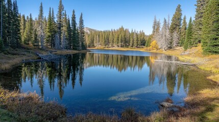 A tranquil forest lake with mirror-like reflections of the surrounding trees under a blue sky.