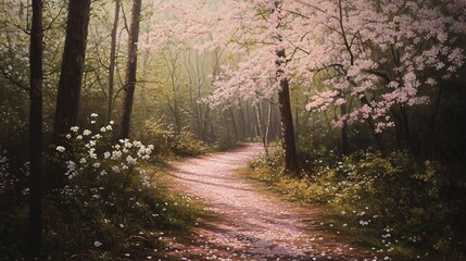 Obraz premium Serene Path Through a Blooming Forest