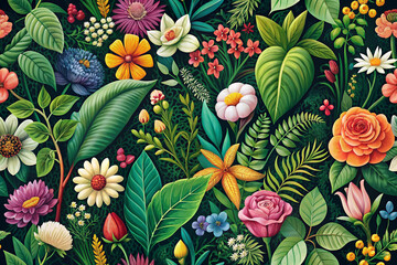 Wildflowers seamless pattern with poppy camomile, cornflower, eryngium, ranunculus, anemone flowers. Hand drawn illustration isolated on white