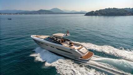 Obraz premium Luxury motor boat from Rio Yachts Italian shipyard captured in an aerial view, luxury, motor boat, Rio Yachts