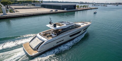 Fototapeta premium Luxury motor boat from Rio Yachts Italian shipyard captured in an aerial view, luxury, motor boat, Rio Yachts, Italian, shipyard