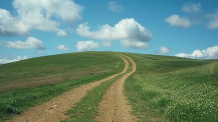Fototapeta premium Green hill with dirt road and some clouds in sky for text placement