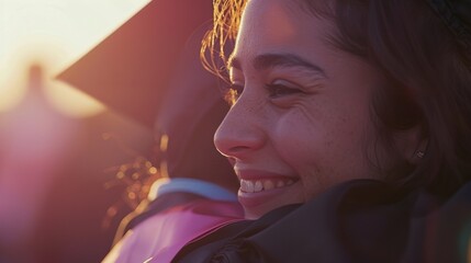 Hazy view of bright smiles and tearful embraces at a heartfelt graduation ceremony.