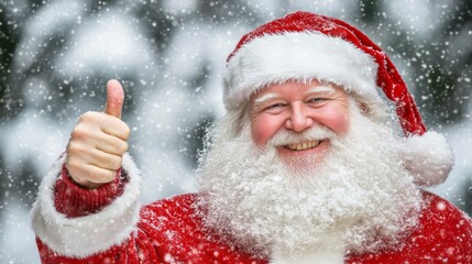 Man in Santa suit giving thumbs up, smiling, festive holiday attire, cheerful expression, Christmas celebration.