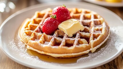 Delicious Waffles with Syrup  Butter  and Strawberries