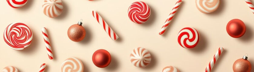 Pattern of Christmas lollipops, peppermint candies, and festive ornaments, creating a colorful background for a holiday poster