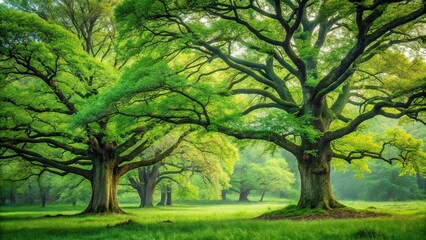 Fototapeta premium Aged oak trees standing solitary amidst vast expanse of emerald green forest, solitary trees, forest scenery
