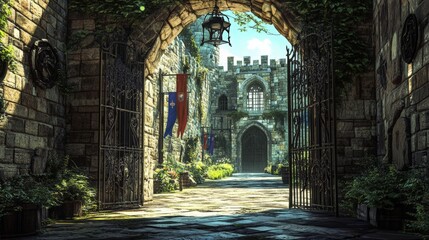 Obraz premium A massive iron gate creaks open within a medieval stone fortress, revealing an elaborate courtyard filled with vibrant greenery and banners fluttering in the wind