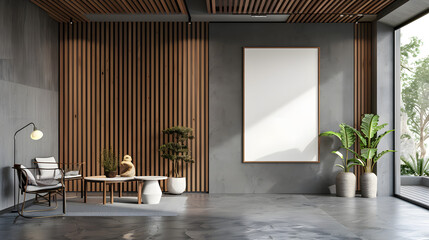 Front view on blank grey partition with place for your poster or picture frame in modern interior design office with wooden walls background, concrete floor and white table