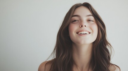 Naklejka premium Joyful young woman smiling with confidence against a soft background