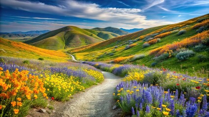 A picturesque scene of wildflowers blooming in a rolling hillside with a meandering dirt path and a few scattered rocks, rocks, garden, dirt path