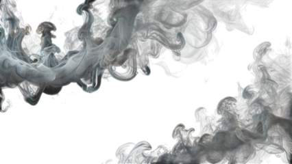 Two curling black smoke trails rise from the bottom left to the top right against a white background.