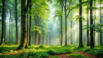 Fototapeta premium A serene and peaceful forest scene with tall trees surrounded by a lush green foliage on a misty morning, flora, greenery