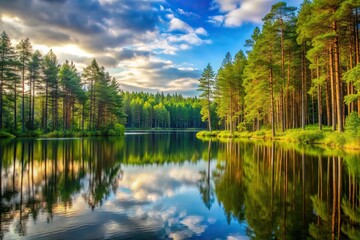 Fototapeta premium A serene forest scene with tall trees standing sentinel around a tranquil forest lake, trees, natural beauty