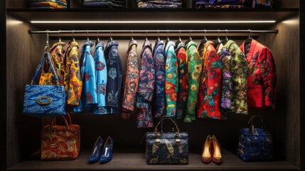 Colorful Designer Clothes with Shoes and Handbags Display