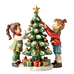 Two children decorating a Christmas tree with red and gold ornaments and a gold star on top. Wrapped presents sit at the base. It's a charming holiday scene.
