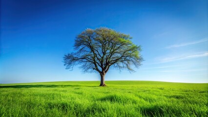 Obraz premium A single, solitary tree stands alone in a vast expanse of green grass, its branches stretching upwards like skeletal fingers against the bright blue sky, tree branch, atmosphere, foliage