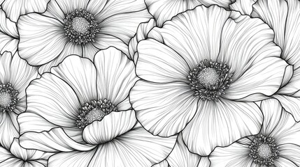 Fototapeta premium Flower line art seamless pattern. floral hand drawn vector background.