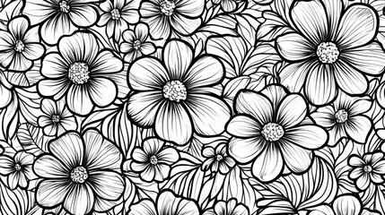 Flower line art seamless pattern. floral hand drawn vector background.