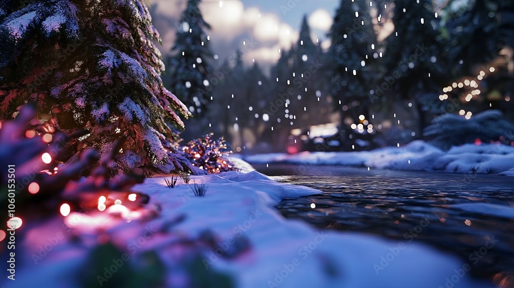 Poster a snowy forest scene with gentle snow falling, creating an ethereal winter wonderland.