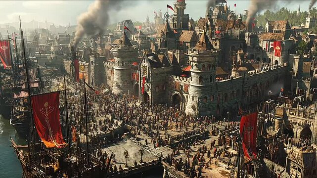 A castle under siege with trebuchets and archers in action. Concept of medieval warfare and military strategy