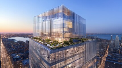 Fototapeta premium Rooftop Garden with Glass Exterior and Ambient Lighting