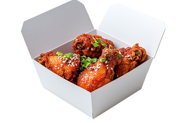 Crispy korean fried chicken in takeout box garnished with sesame and green onions for a flavorful experience