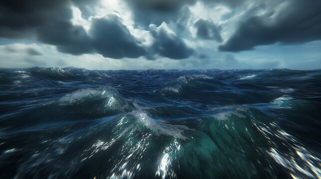 A stormy ocean with dark clouds rolling in, creating a moody and intense atmosphere.