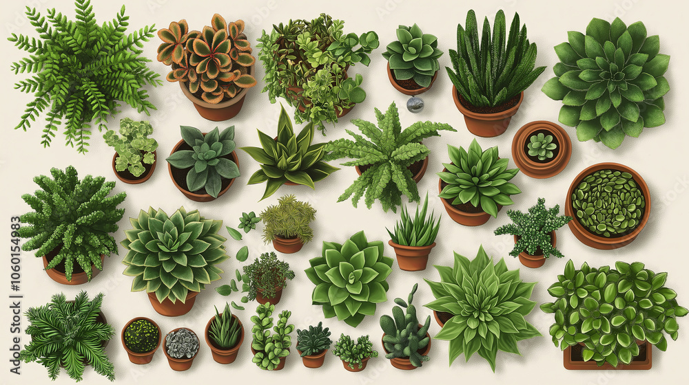 Poster a top-down view of succulents and cacti in neutral-colored pots arranged neatly.