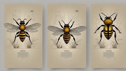 Beetle, dragonfly, bee, grasshopper. Set of vector posters with insects. Generative AI