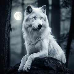 Obraz premium Majestic Arctic Wolf Under Full Moon.