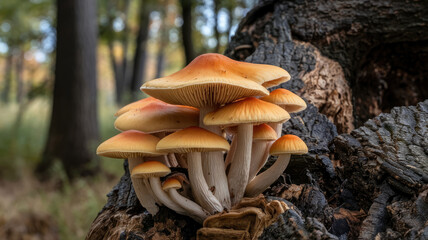A group of mushrooms are growing on a tree trunk. The mushrooms are orange and white in color