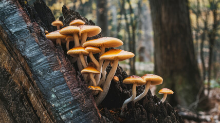 Fototapeta premium A group of mushrooms growing on a tree trunk. The mushrooms are orange and appear to be fresh. The scene is peaceful and serene, with the mushrooms adding a touch of natural beauty to the forest
