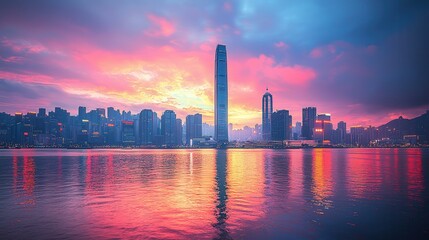 Obraz premium A stunning sunset over a vibrant skyline, reflecting colorful hues on water, showcasing tall buildings and a dramatic sky.