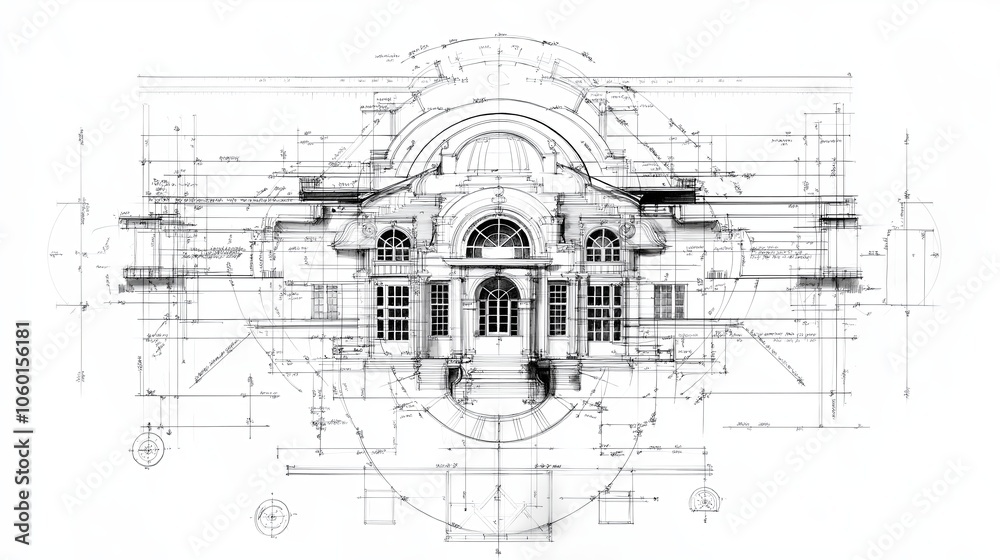 Poster an overhead view of architectural blueprints with detailed linework, rulers, and sketches.