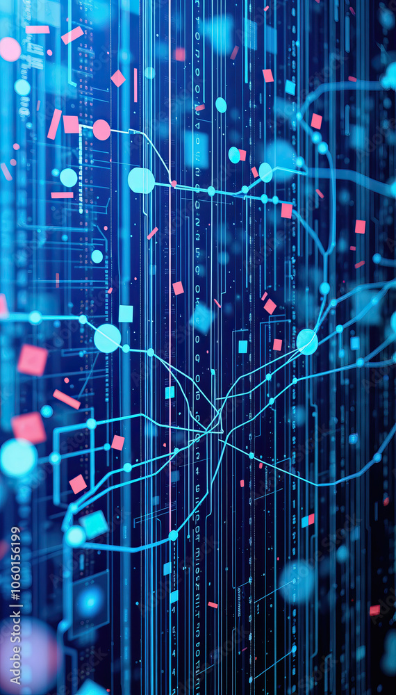 Aufkleber AI blue digital neural network with interconnected nodes futuristic technology data communication tech vertical format