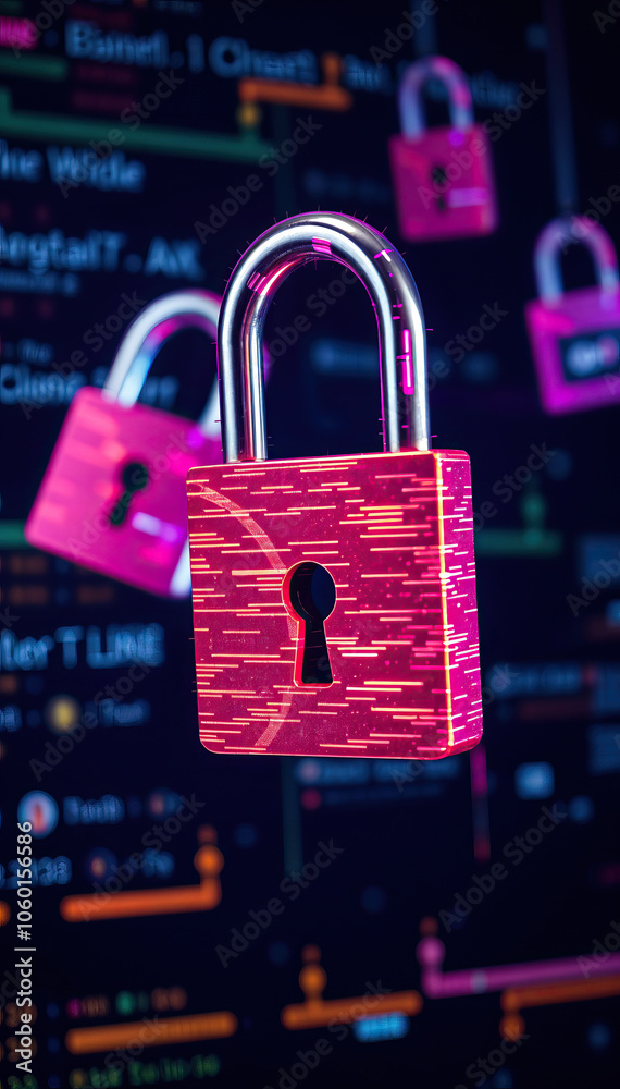 Poster digital padlock on dark background with computer code cyber security concept with neon colors technology elements vertical format