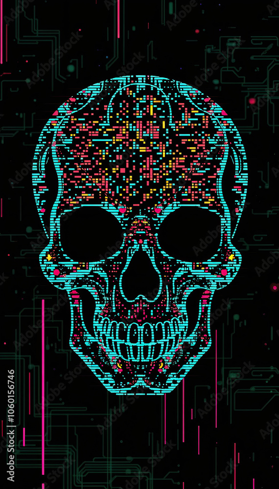 Poster digital skull on dark background with green matrix code cyber threat hacking concept in technology vertical format