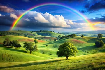 Fototapeta premium Colorful rainbow landscape with rolling hills and green grass with a few trees in the distance under a bright blue sky, rainbow colors, trees, landscape photography, blue sky