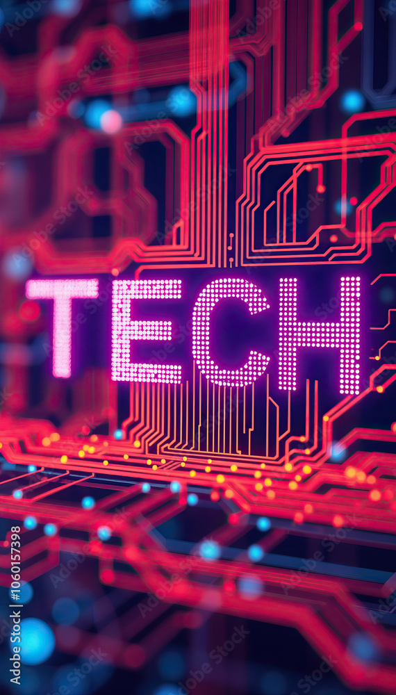 Poster tech word on red digital circuit board background modern technology electronic circuit design vertical format