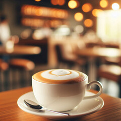 a cup of cappuccino served in a white cup with spiral foam on top, placed on a wooden table in a warm coffee shop, made from generative ai
