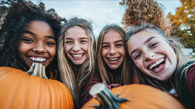 A group of friends taking selfies in front of a Halloween-themed photo booth. Concept of Halloween memories
