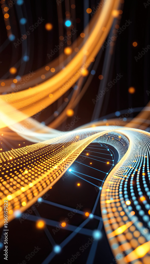 Poster abstract wave of flowing digital nodes with orange blue lights futuristic technology data flow vertical format